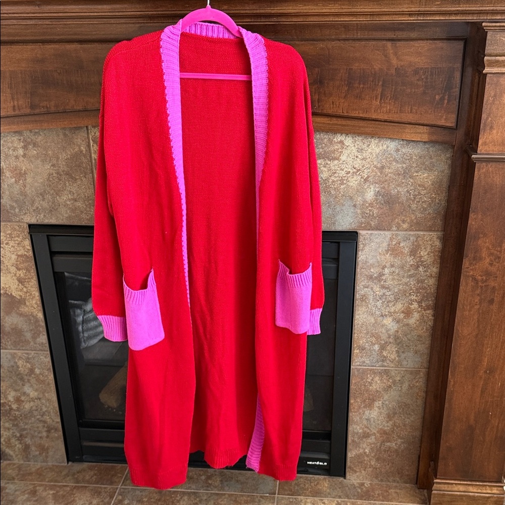 Bright red long open length cardigan sweater with magenta pink trim est 1X
